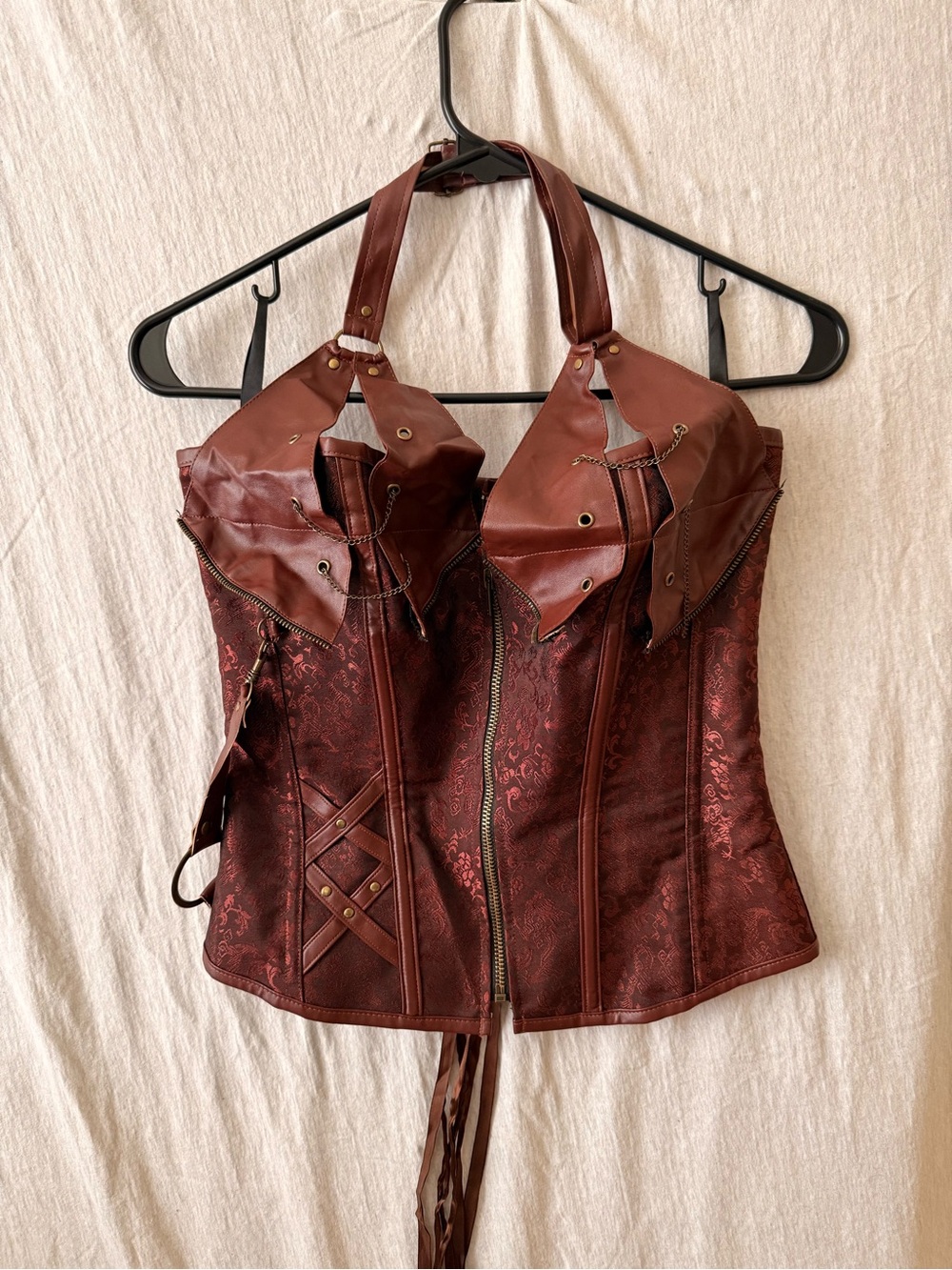 Brown Steam Punk Corset Top with Leather-Trim Halter
